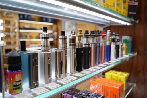 Various vape devices and accessories displayed in a retail setting, typical of a vape shop Sydney.
